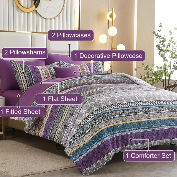Boho Comforter Set Queen Size,8 Piece Bed in a Bag Bohemian Striped Bedding Quilt Set,Purple Paisley Floral Comforter and Sheet Set,Soft Microfiber Complete Bedding Sets for All Season - Image 2