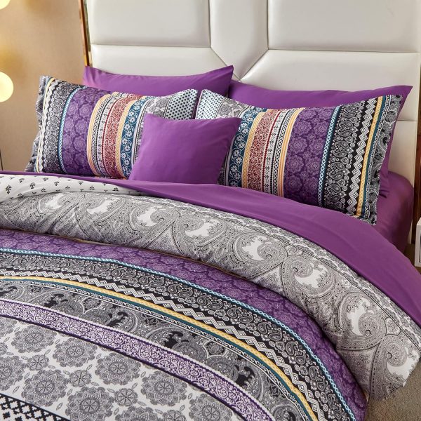Boho Comforter Set Queen Size,8 Piece Bed in a Bag Bohemian Striped Bedding Quilt Set,Purple Paisley Floral Comforter and Sheet Set,Soft Microfiber Complete Bedding Sets for All Season - Image 4