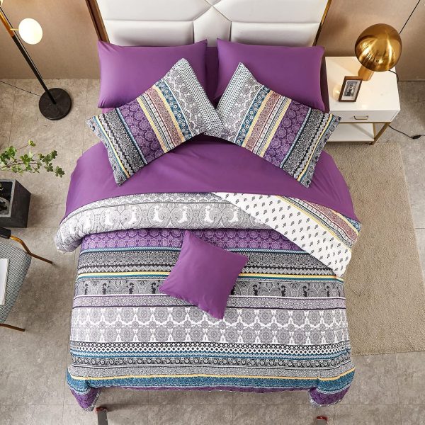 Boho Comforter Set Queen Size,8 Piece Bed in a Bag Bohemian Striped Bedding Quilt Set,Purple Paisley Floral Comforter and Sheet Set,Soft Microfiber Complete Bedding Sets for All Season - Image 5