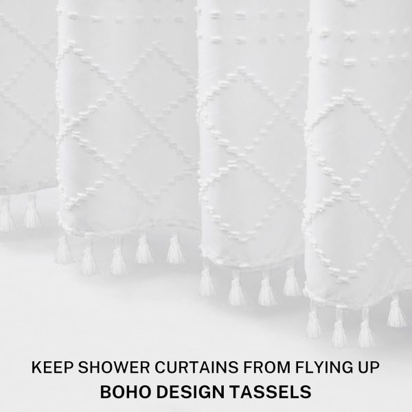 Boho White Woven Fabric Shower Curtain with Tassel 72 x 72 Modern Farmhouse Minimalist, Tufted Chevron Striped Shabby Chic Textured, Water Resistant Cloth Curtain for Bathroom, Hotel Decor - Image 3