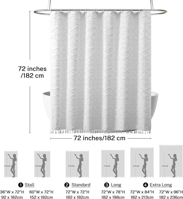 Boho White Woven Fabric Shower Curtain with Tassel 72 x 72 Modern Farmhouse Minimalist, Tufted Chevron Striped Shabby Chic Textured, Water Resistant Cloth Curtain for Bathroom, Hotel Decor - Image 5