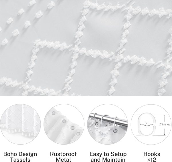 Boho White Woven Fabric Shower Curtain with Tassel 72 x 72 Modern Farmhouse Minimalist, Tufted Chevron Striped Shabby Chic Textured, Water Resistant Cloth Curtain for Bathroom, Hotel Decor - Image 6
