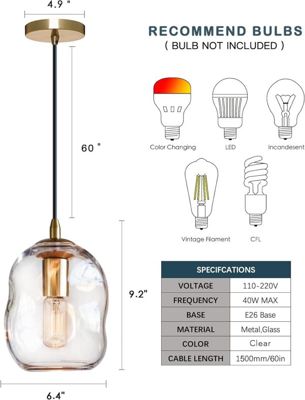 CASAMOTION Pendant Lights Kitchen Island Clear Glass Organic Globe Modern Gold Ceiling Hanging Light Fixtures Bar Counter Porch Patio Over Sink Dining RoomTable 8 Inch Height - Image 6