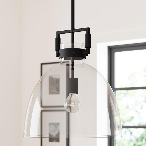 Nathan James Leigh Pendant Lighting, Black Hanging Ceiling Light with Oversized Glass Shade and Adjustable Cord, for Kitchen Island or Entryway, Matte Black/Clear