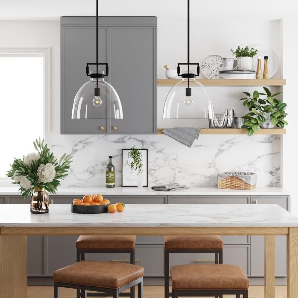 Nathan James Leigh Pendant Lighting, Black Hanging Ceiling Light with Oversized Glass Shade and Adjustable Cord, for Kitchen Island or Entryway, Matte Black/Clear - Image 2