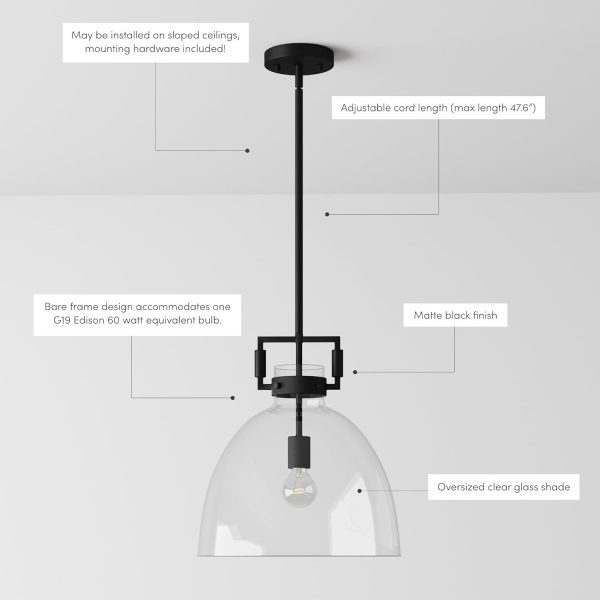 Nathan James Leigh Pendant Lighting, Black Hanging Ceiling Light with Oversized Glass Shade and Adjustable Cord, for Kitchen Island or Entryway, Matte Black/Clear - Image 3