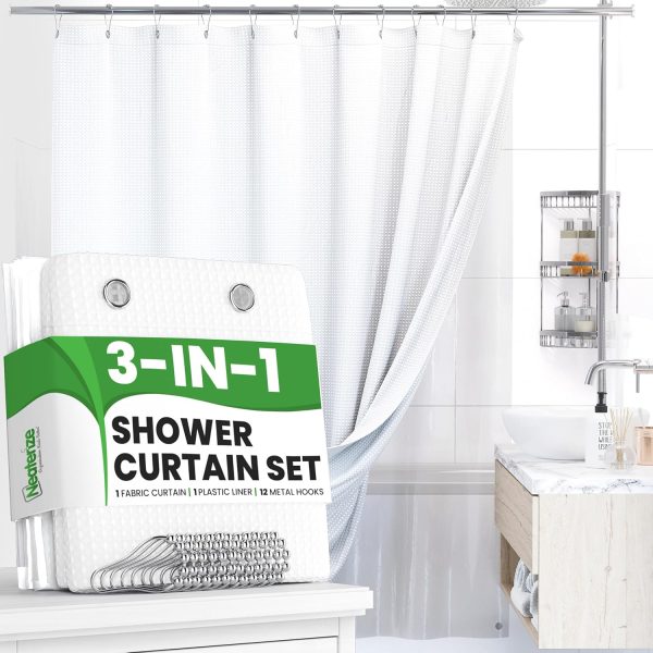 3 in 1 Shower Curtain Set - 72x72 White Shower Curtain Fabric and Shower Curtain Liner with Rust-Resistant Metal Hooks - Bathroom Shower Curtain Sets - Cortinas de Baño