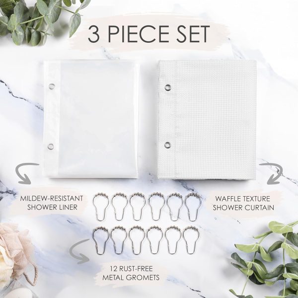 3 in 1 Shower Curtain Set - 72x72 White Shower Curtain Fabric and Shower Curtain Liner with Rust-Resistant Metal Hooks - Bathroom Shower Curtain Sets - Cortinas de Baño - Image 3
