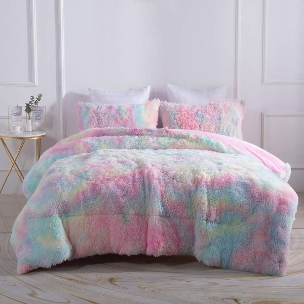 Wajade Faux Fur Plush Rainbow Comforter Set Fluffy Fuzzy Shaggy Bedding Set - 3PC Full Size Microfiber Soft Warm Quilt Set - Image 2