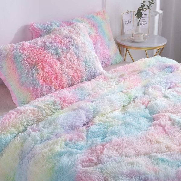 Wajade Faux Fur Plush Rainbow Comforter Set Fluffy Fuzzy Shaggy Bedding Set - 3PC Full Size Microfiber Soft Warm Quilt Set - Image 3