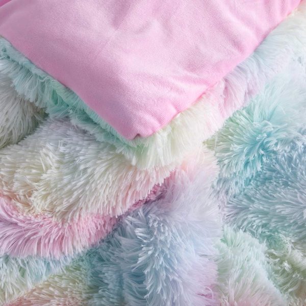 Wajade Faux Fur Plush Rainbow Comforter Set Fluffy Fuzzy Shaggy Bedding Set - 3PC Full Size Microfiber Soft Warm Quilt Set - Image 5
