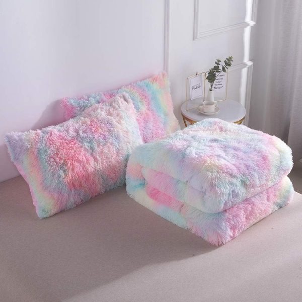 Wajade Faux Fur Plush Rainbow Comforter Set Fluffy Fuzzy Shaggy Bedding Set - 3PC Full Size Microfiber Soft Warm Quilt Set - Image 7